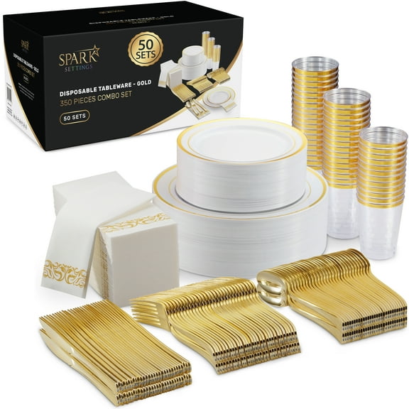 SparkSettings Gold Dinnerware Plates Cutlery Napkins Wedding Party Supply Set