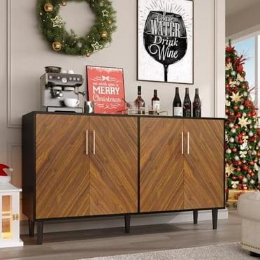 4 EVER WINNER Sideboard Buffet Cabinet with Storage, 58” Coffee Bar Cabinet with Doors & Adjustable Shelves, Living Dining Room Cabinet, Black and Brown