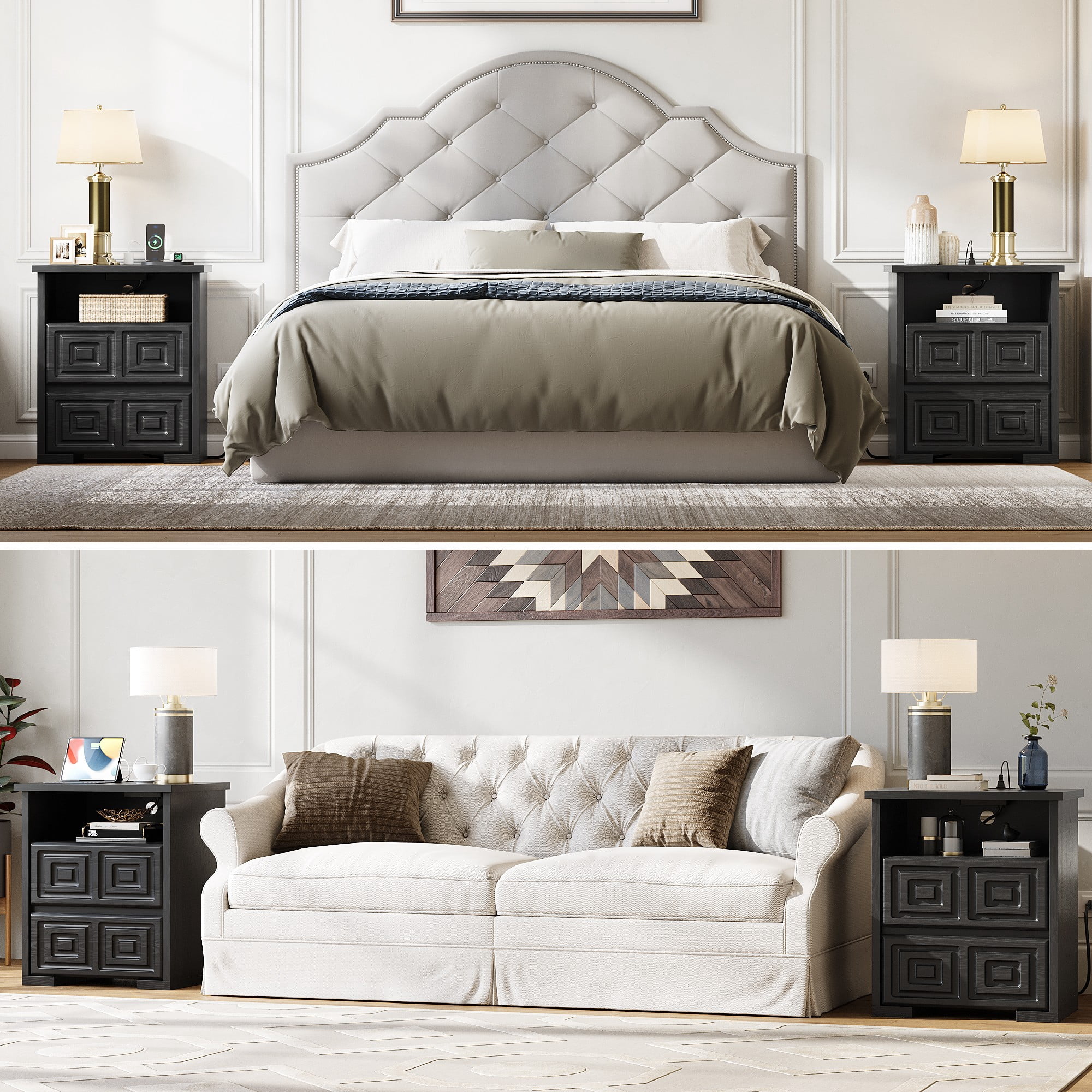 Aufeile Farmhouse Nightstand with Charging Station, Wood Nightstand with 2 Drawers & Open Shelf, Bedside Table for Bedroom, Small Side Table Stand for Living Room, Black