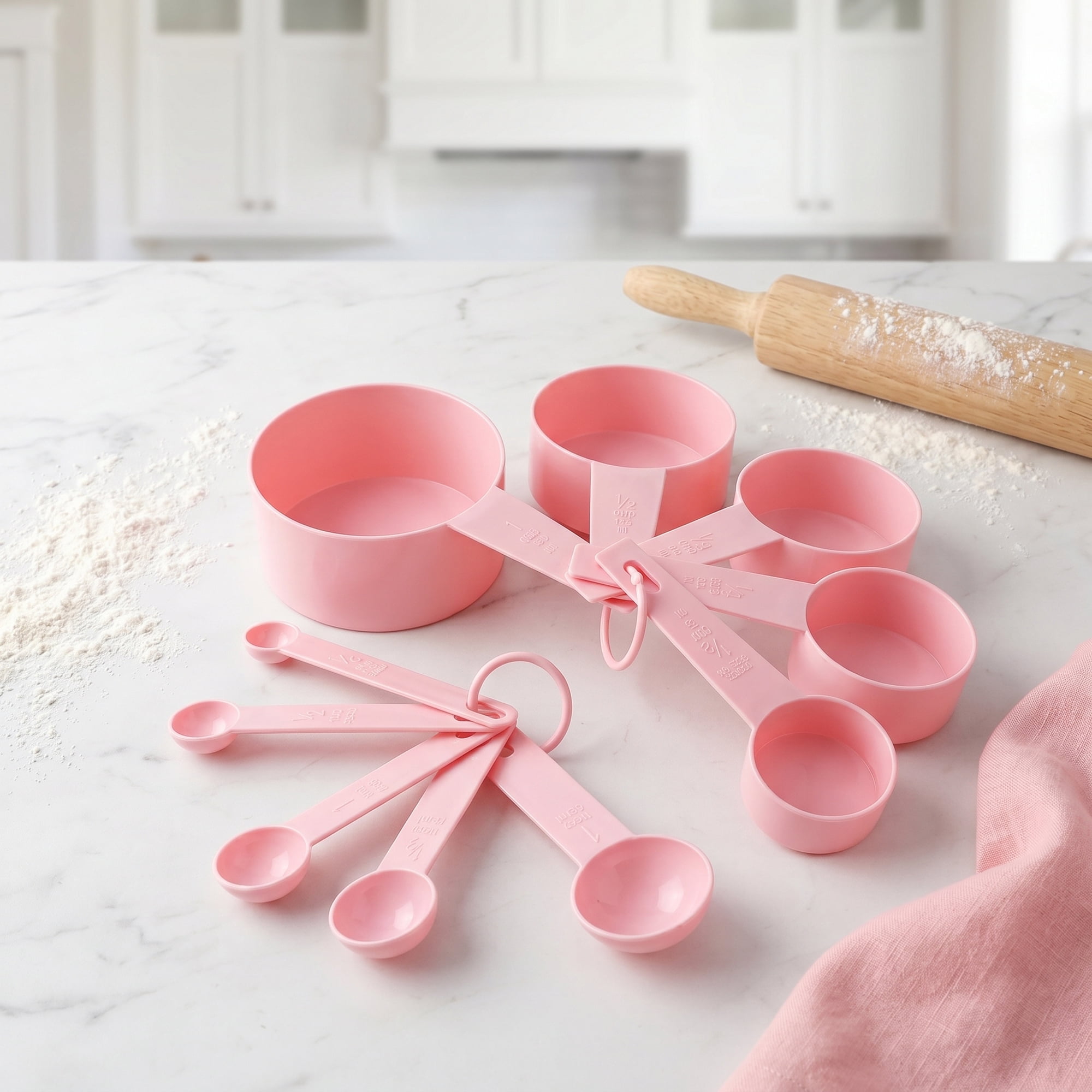 Unique Bargains Plastic Measuring Cups Spoons Set with Clear Markings Pink 10Pcs