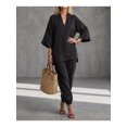thumbnail image 2 of Women's Summer 2 Piece Outfits Lounge Sets Three-quarter Sleeve Top Wide Leg Cropped Pants with Pockets, 2 of 6