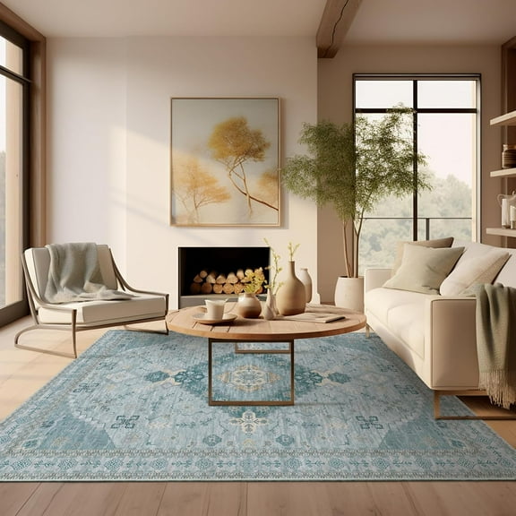 Area Vintage Boho Rugs for Living Room, Machine Washable Area Rugs with Non-Slip Backing, Indoor Rug Vintage Bohemian Area Rug Home Decor, Room Decor, 5 x 7 ft, Blue, 1 Pack