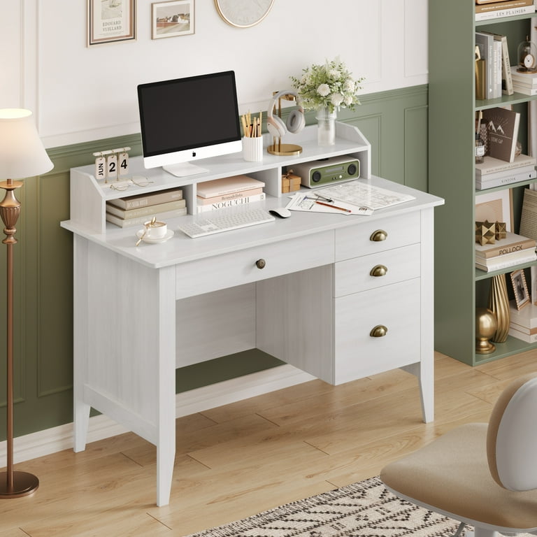 【送料無料】Dresser Desk〈WH〉 Homfa Dorm Study Desk, 47in - Oak White, 4 Drawers, Hutch Shelf