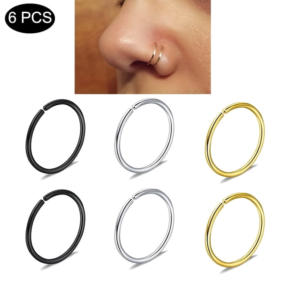 DESIGNICE 6 PCS Non Pierced Stainless Steel Clip on Closure Round Ring, 8mm Hoop Lips Ear Ring Non Piercing Swirl Septum Nose Ring