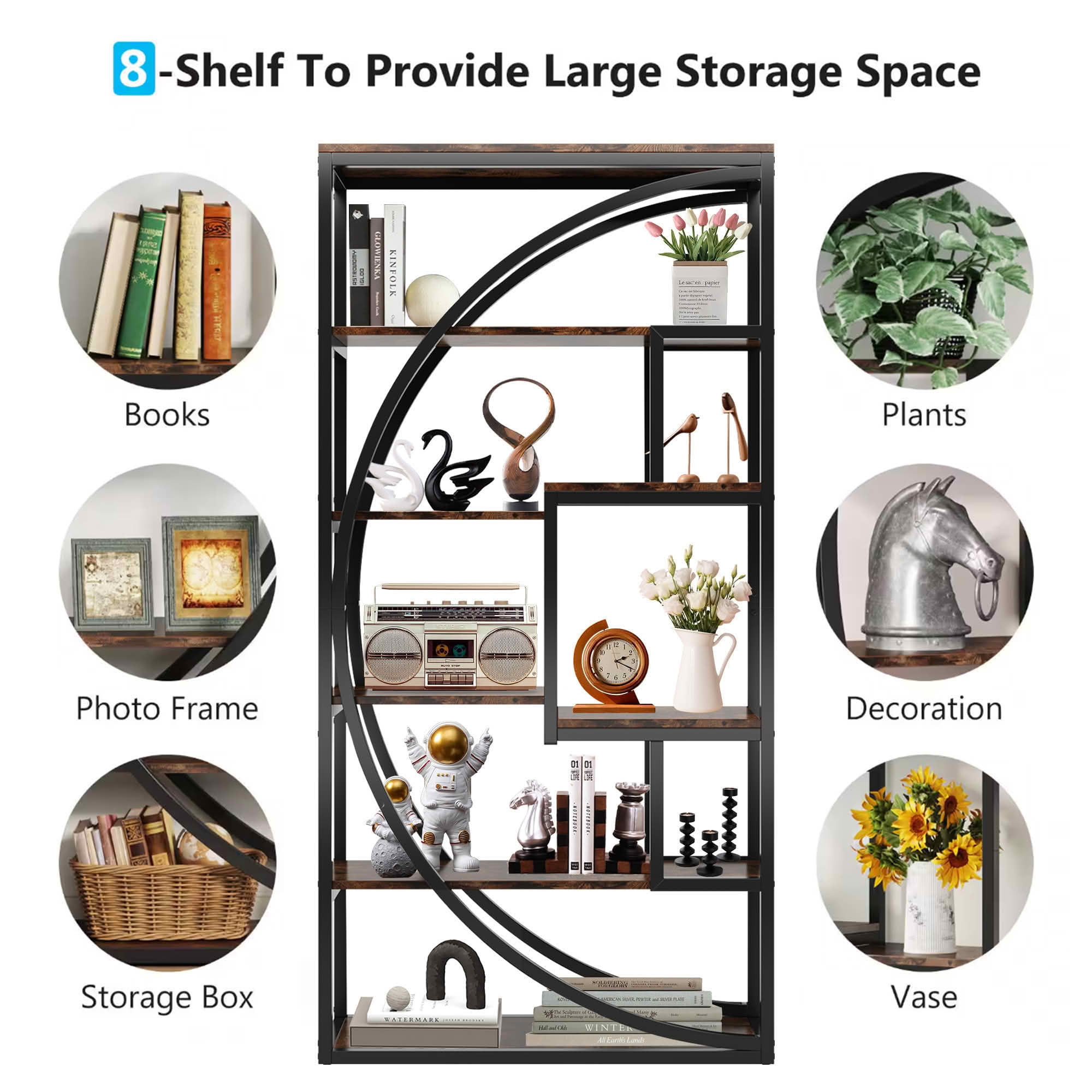 MAYEERTY 70.8 Inch Tall Modern Geometric Bookcase, 5-Tier Etagere with 8 Open Storage Shelves, Gray Wood & Black Metal Frame Display Rack for Living Room Bedroom Home Office