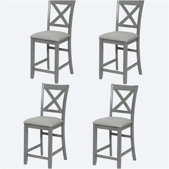 JERFIT Modern Gray Upholstered Counter Height Dining Chairs Set of 4, Wood Kitchen Bar Stools with Padded Seat, Ergonomic Backrest for Dining Room, Kitchen Island