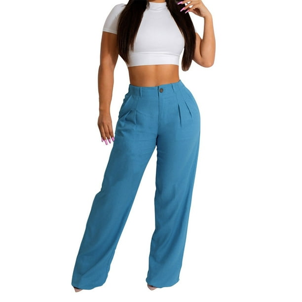 WILLBEST Pantalones Casuales para Mujer, Cómodos, Holgados, de Pierna Ancha, Estilo Palazzo de Cintura Alta para Verano con Bolsillos, Ideales para Usar En La Playa. Extra Grande