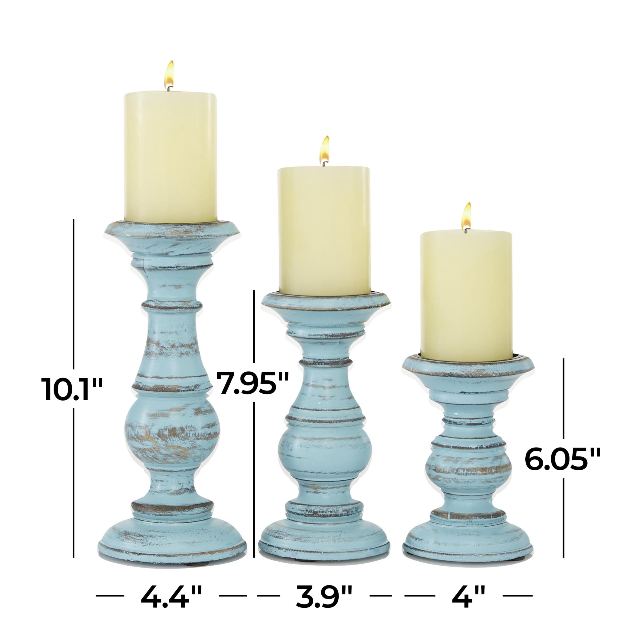 DecMode Traditional and Timeless Mango Wood Pillar Candle Holder Set of 3, 6", 8", 10"H, Light Blue Finish