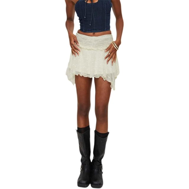 Women Y2k Lace Ruffle Pleated Mini Skirt Low Rise Half Slip Skirts Mesh Floral Layered Flowy Short Skirts