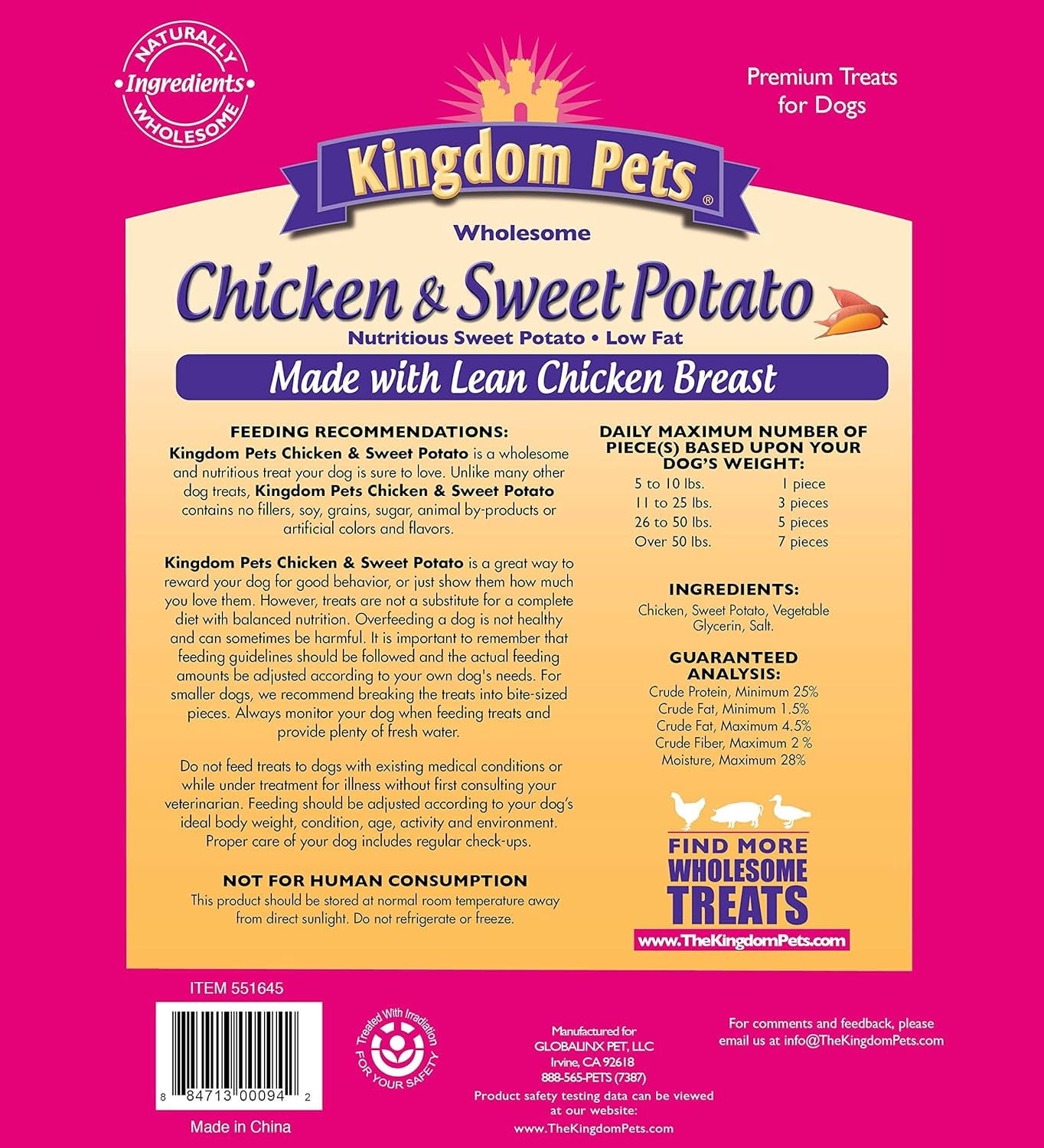 Kingdom Pets Chicken Jerky & Sweet Potato Dog Treats with Only 4 Ingredients and No Fillers, 3 Pound Bag