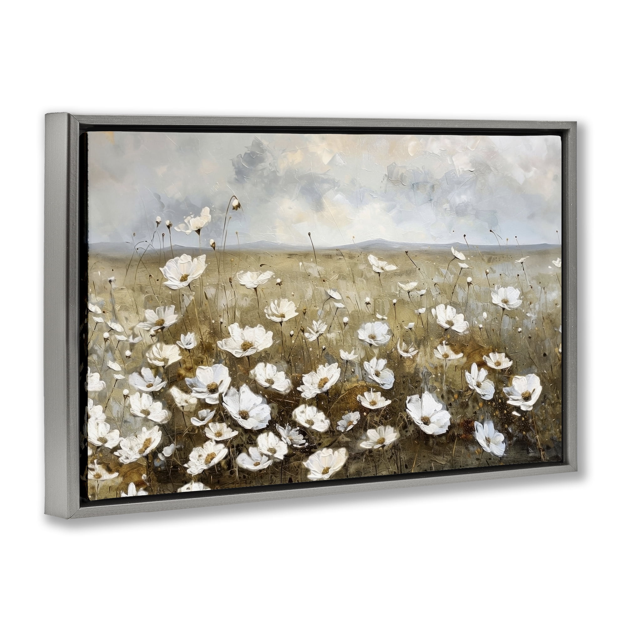 Stupell Industries Prairie Wildflower Field Landscape Painting Gray Floater Framed Canvas Art Print Wall Art, 31 x 21
