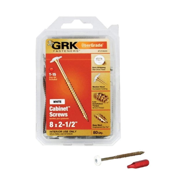 tornillos grk fasteners 120660 white cabinet #8 x 2-1/2 80ct paquete transparente con tarjeta roja y amarilla que muestra un tornillo para gabinete #8 x 2-1/2 con cabeza de arandela blanca y filete completo; 80 piezas indicadas en el empaque, adecuado para instalación de gabinetes y proyectos de bricolaje.
