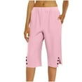 thumbnail image 2 of BiZtdJrK Womens Bermuda Shorts Knee Length Elastic Waist Cotton Linen Shorts Button Side Split Summer Beach Shorts with Pockets Pink L, 2 of 6