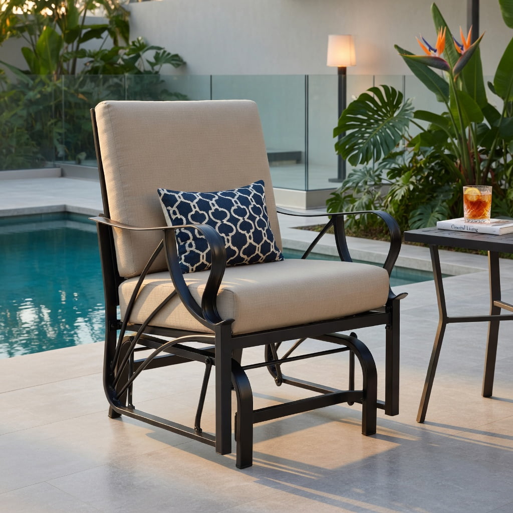 Hommoo Patio Glider Rocking Chair with Thick Padded Cushion, Curved Armrests & Sturdy Metal Frame, Outdoor Relaxation Seating for Deck, Porch or Garden, Black