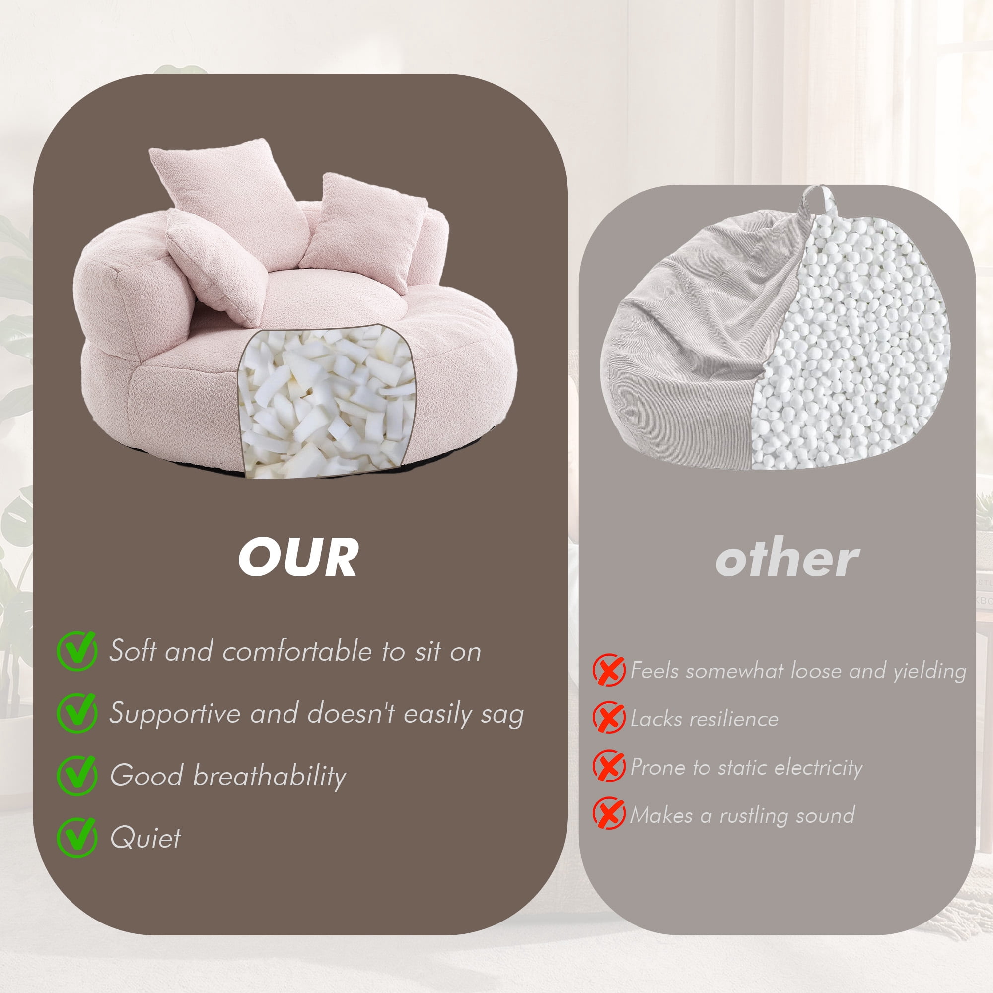 MOONMISS Oversized Bean Bag Chair, Chenille Lazy Bean Bag Sofa with Wrap-Around Backrest & Pillows for Living Room,Pink
