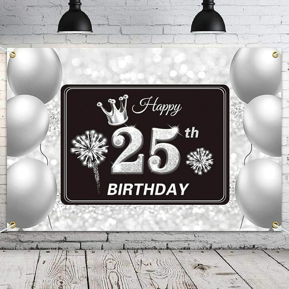 Happy 25th Birthday Backdrop Banner - 25 Birthday Party Decorations Supplies for Men Women - Silver 3.9 x 5.9ft