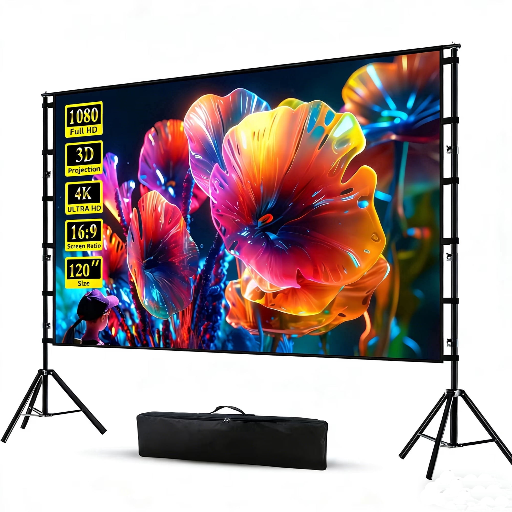 GAINVANE Portable Projector Screen with Stand, 120 inch,16:9 4K HD,Wrinkle Resistant,Indoor Outdoor Home Theater Movie Screens