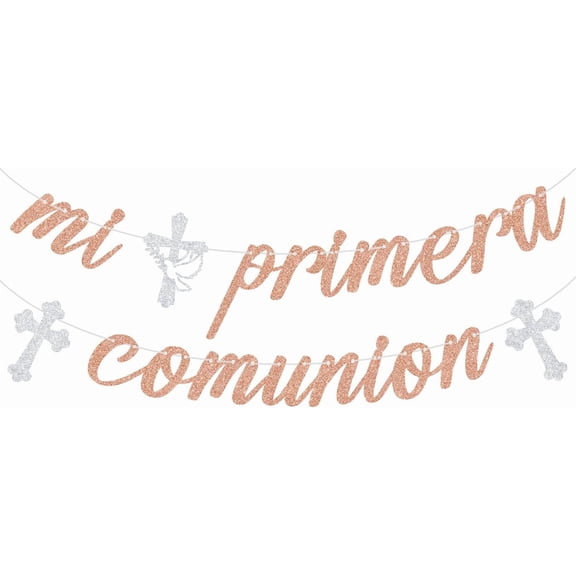 Rose Gold Glitter Mi Primera Comunion Banner, Spanish First Holy Communion Religious Christening Bunting Backdrop, My Baptism Baby Shower Party Decorations Supplies