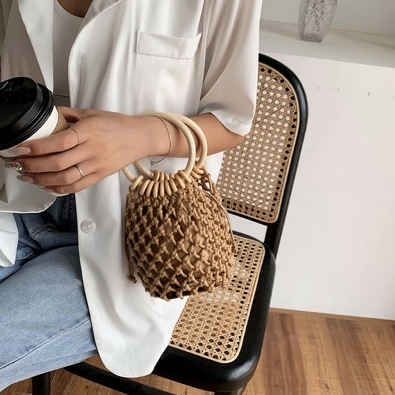 OUNONA Fashion Summer Beach Bag with Round Wooden Handle for Storage Coffee Material 1Pc