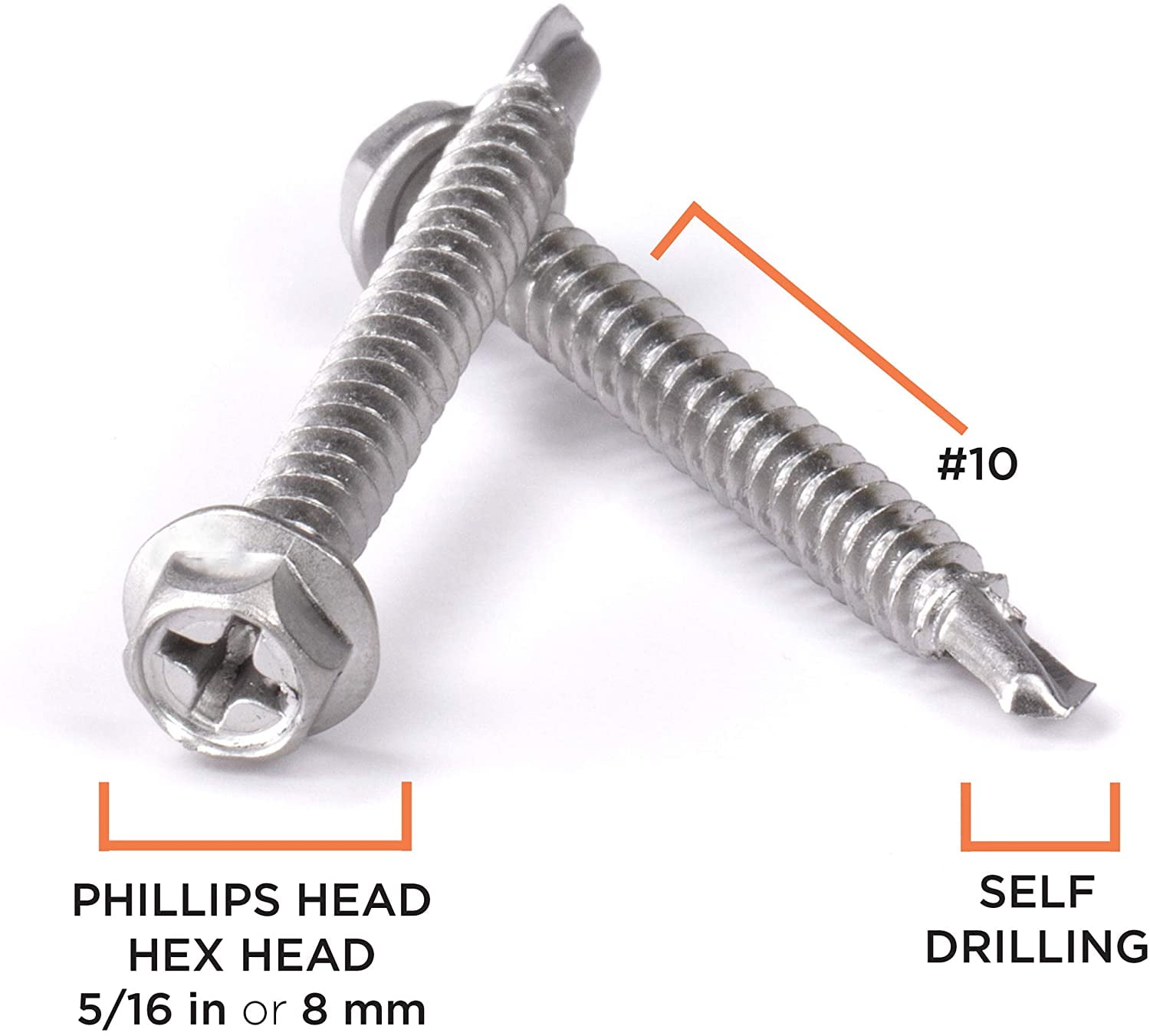 THE CIMPLE CO - 100pc Stainless Steel Self Drilling Tapping Screws #10 x 1" Hex and Phillips