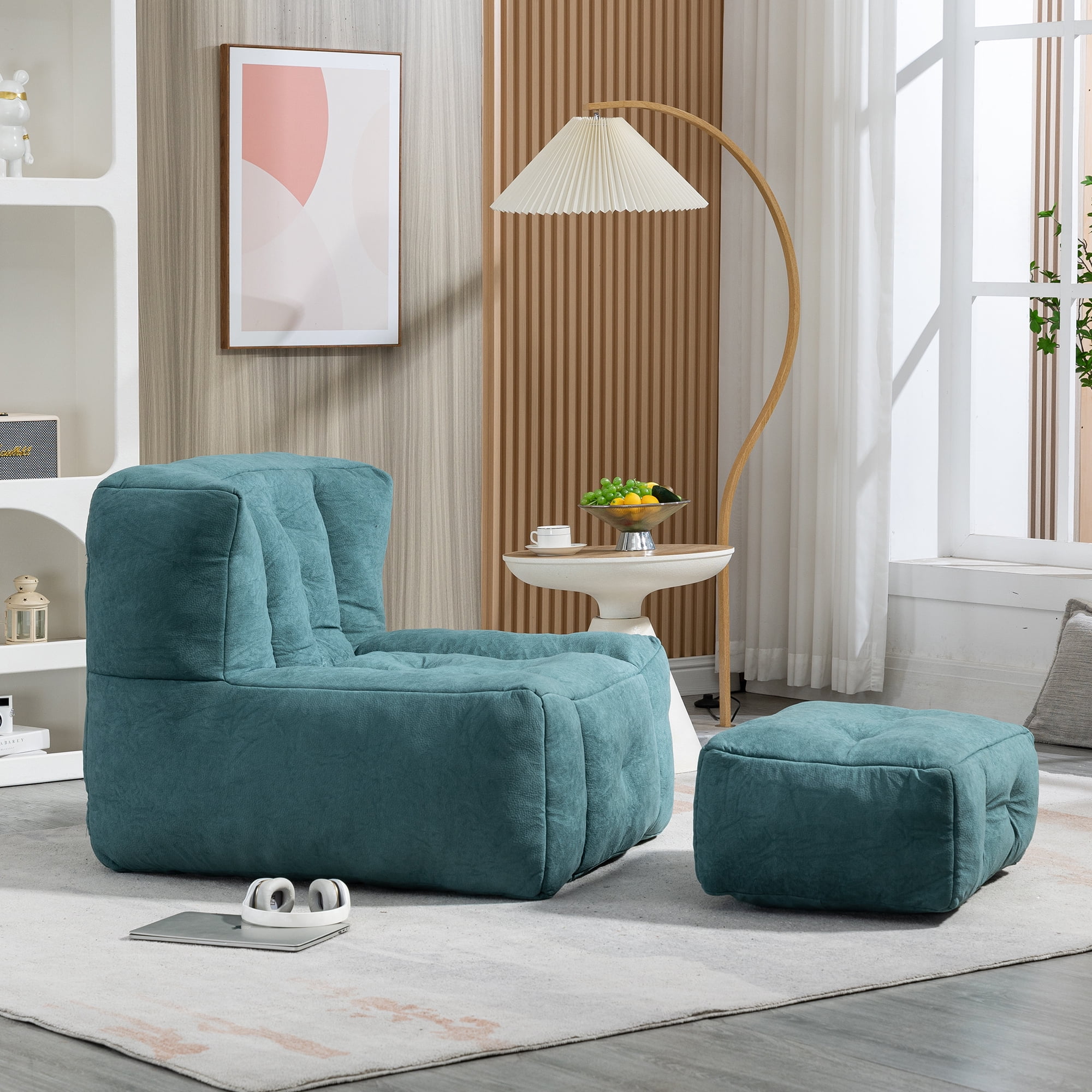 Accent Chair with Ottoman Set,Modern Velvet Bean Bag Chair for Adults and Childs,Upholstered Lazy Sofa Chair Armchair for Living room, Bedroom, Apartment,Green