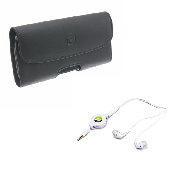 Black Horizontal Leather Case w Retractable Headset Hands-free Earphones Mic V4A for Alcatel Avalon V, REVVL 2, Idol 5S, 1x Evolve - Google Pixel 3a - HTC One M8 E8, Desire 626s 626 555 530