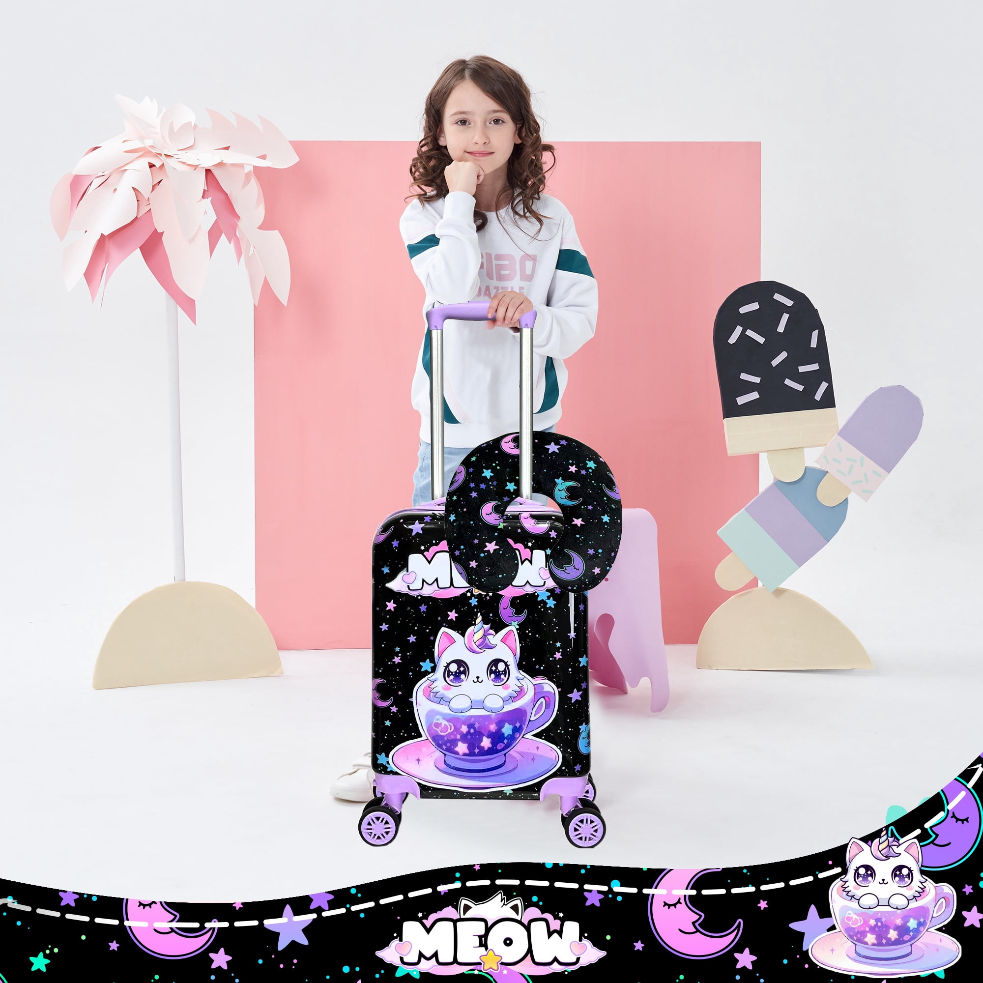 Kids Carry on Luggage Sets for Girls Rolling Small Suitcases with Wheels Travel Essentials for Kids with Travel Pillow 16 Inch Purple Cat