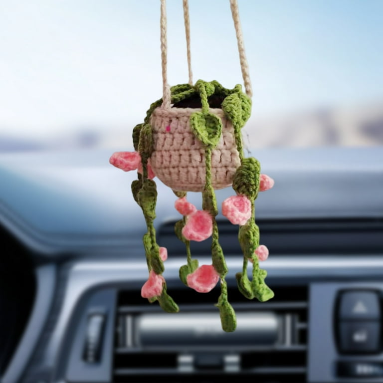 Anvazise Car Mirror Hanging Accessory Handmade Knitted Cute Crochet Potted  Plant Rear View Decor Car Interior Accessories Style D One Size