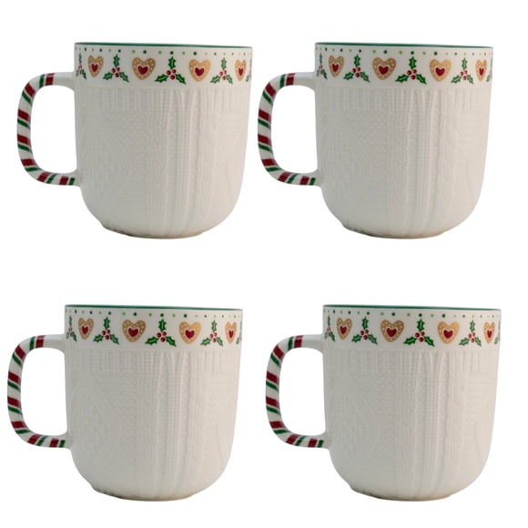 Set Tarros de Porcelana Blanca con Relieve, Colección Navideña, 4 Modelos Diferentes, Tazas para Bebidas Calientes, Capacidad 345 ml