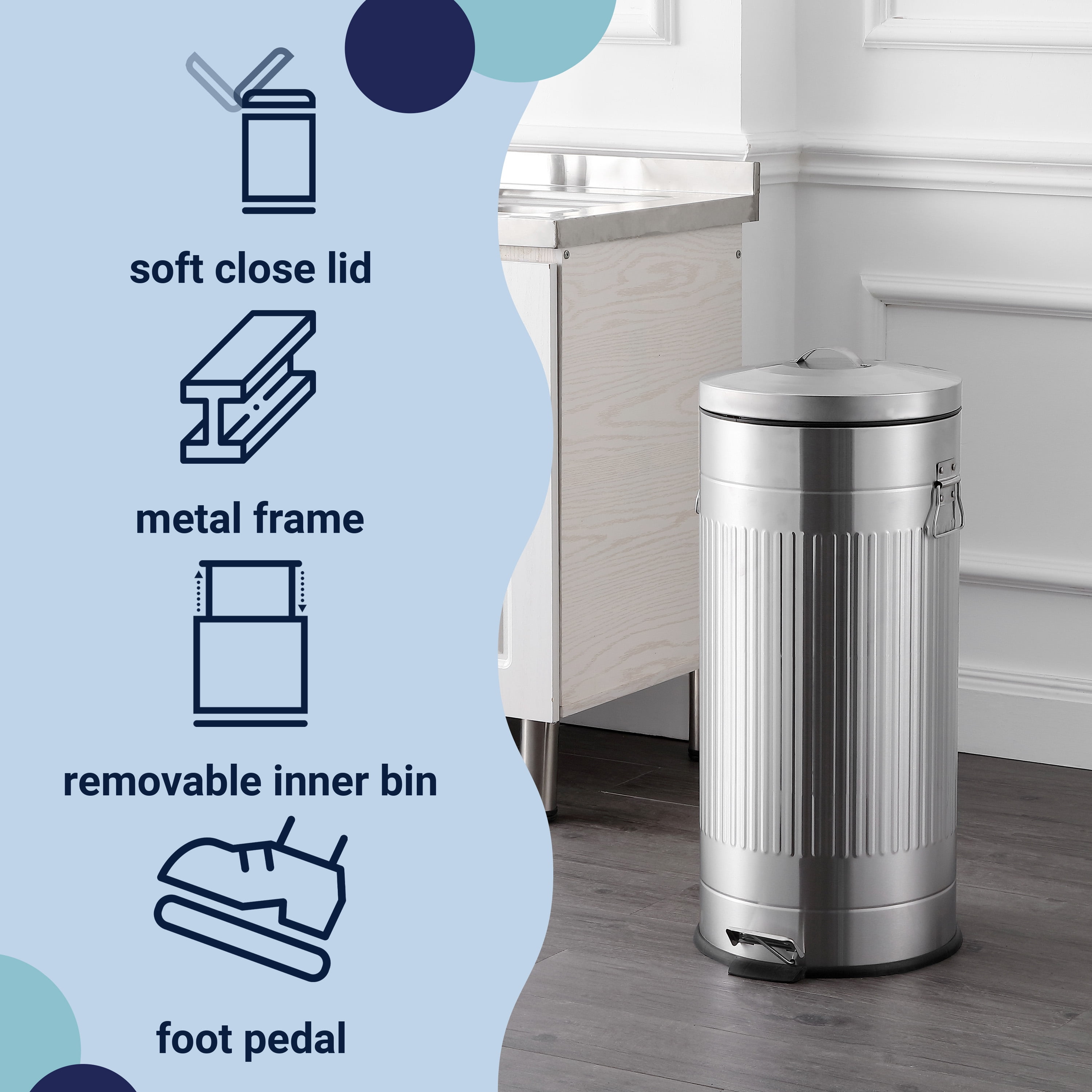 happimess Theo Retro 8-Gallon Step Trash Can with Soft-Close Lid and FREE Mini Trash Can, Platinum Silver, HPM1018E