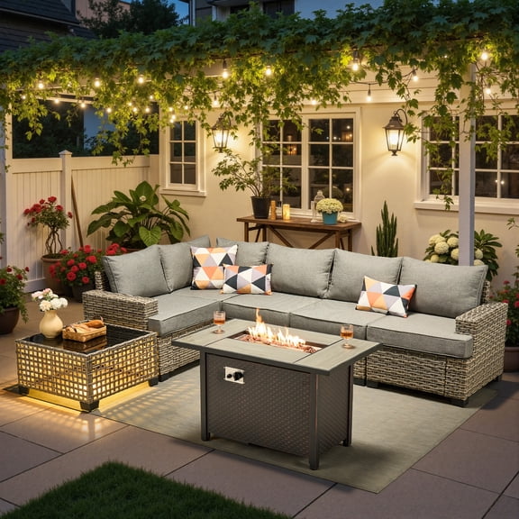 Ovios 7 Pieces Patio Furniture Conversation Set, Wicker Rattan Outdoor Sectional Sofa with Fire Pit Table and Smart Lighted Table, Dark Gray