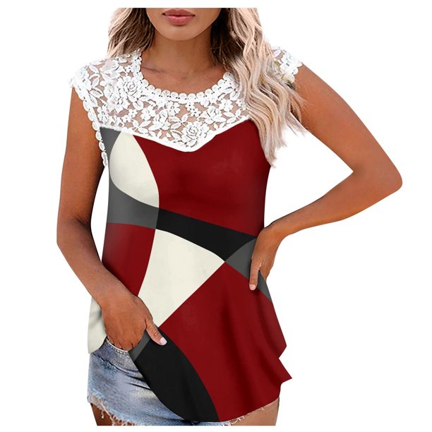 Camiseta sin mangas de encaje con estampado de mujer Camiseta sin mangas de empalme de cuello redondo Camiseta ligera y cómoda delgada OAVQHLG3B Store lin121212