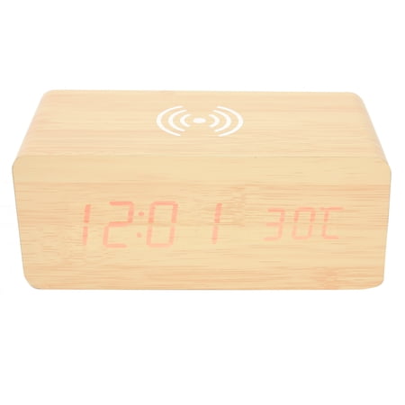 YAHHU Multifunctional Bamboo Wooden LED Alarm Clock with Mobile Phone Wireless Charging Voice Control Red Light 8.27 inches / 21 cm