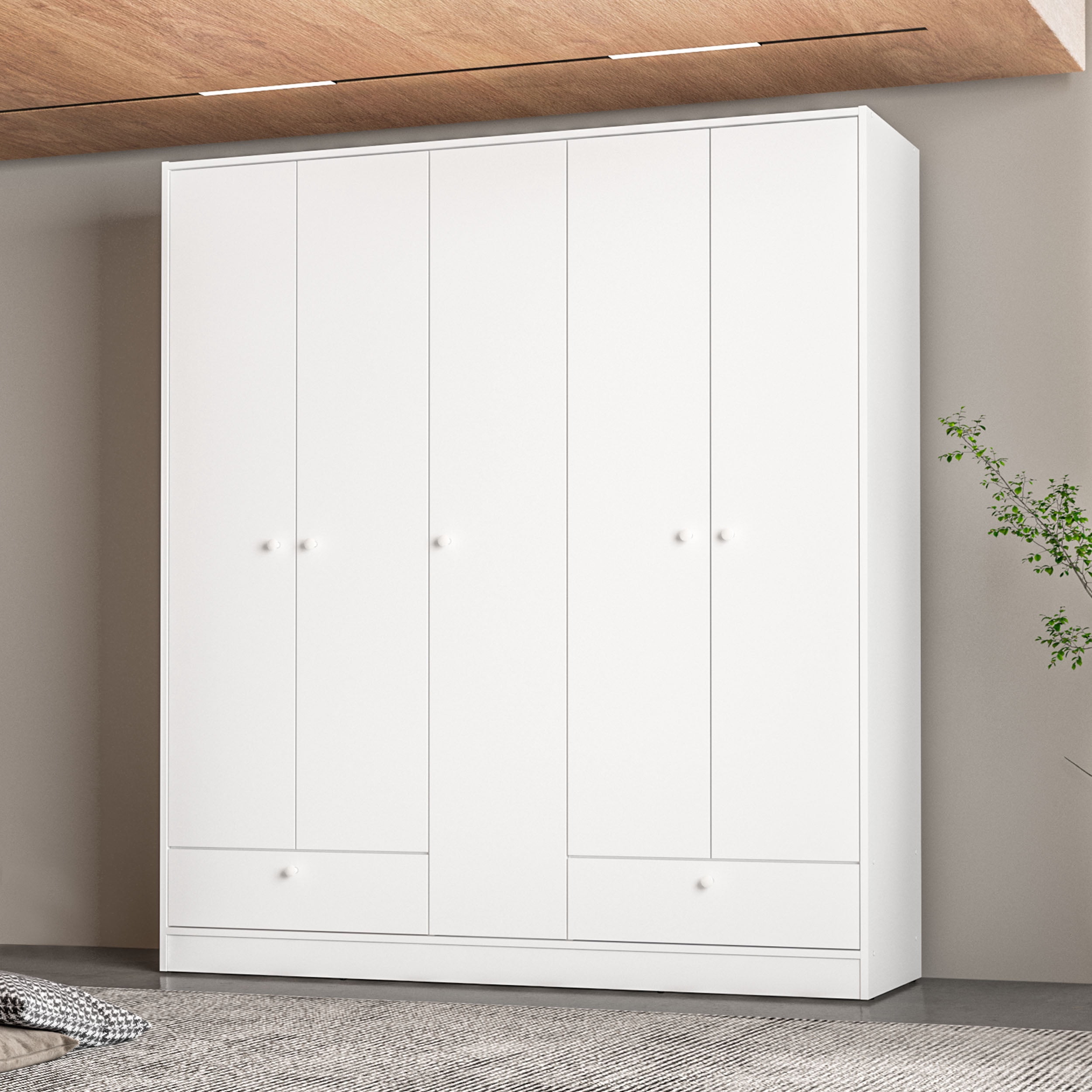 Polifurniture Denmark 71 in. 5 Door Adult Armoire with 2 Drawers, Shelves & 2 Hanging Rods, White Wood