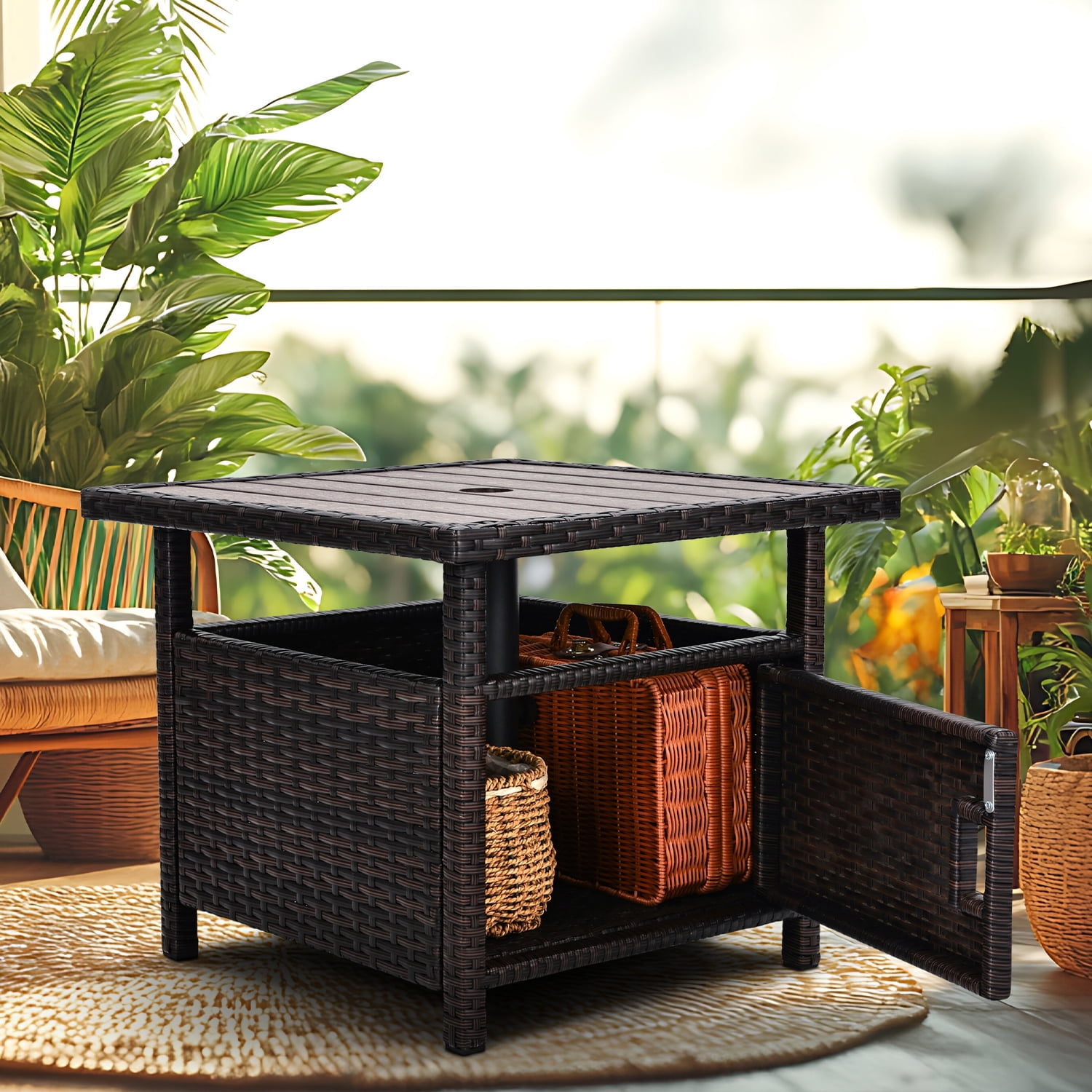 Umbrella Table with 2 Weight Bags Outdoor Patio Umbrella Side Table with Umbrella Hole Small Brown Wicker End Table for Outside Storage Coffee Table with Poly Lumber Top for Pool Garden Balcony Deck
