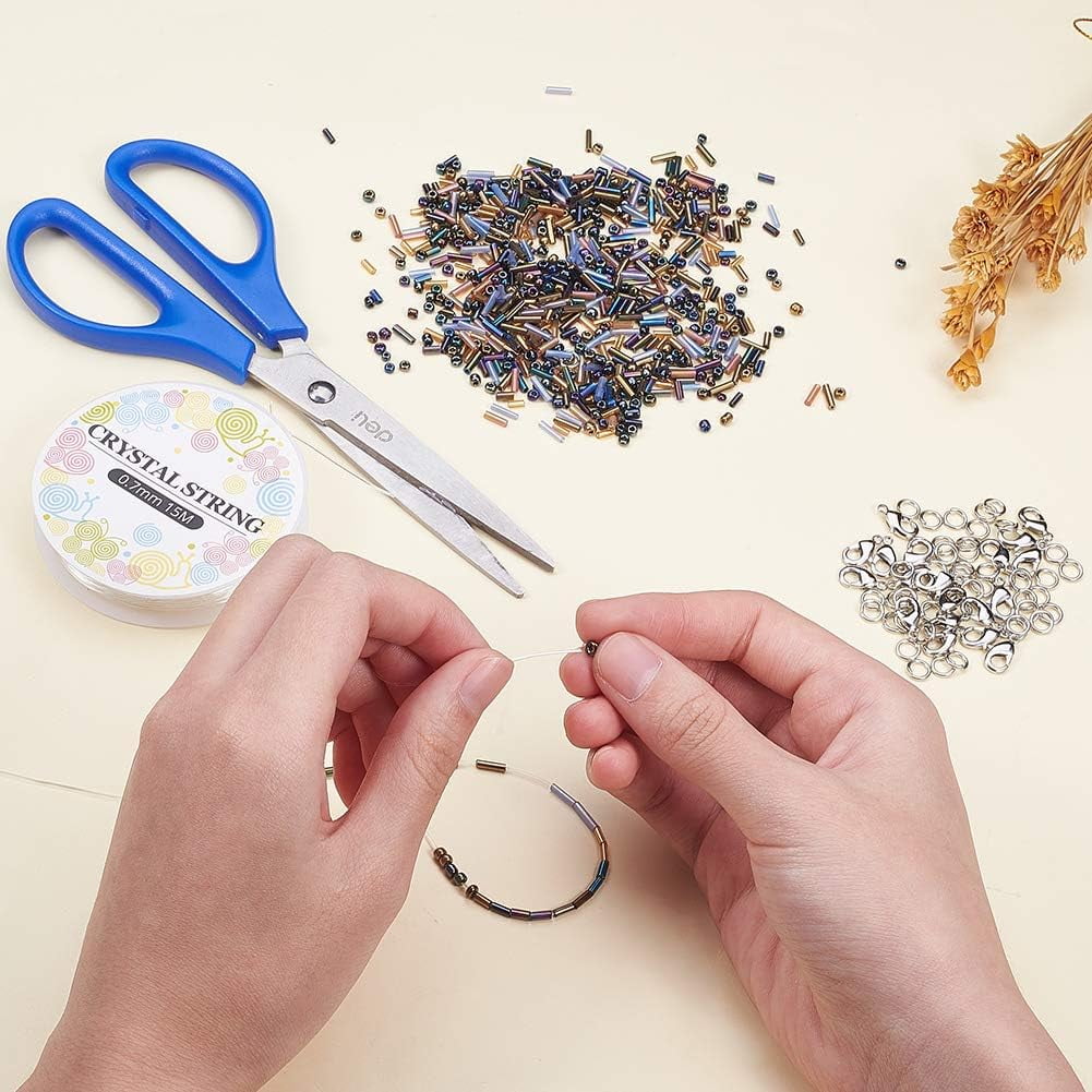 DIY Making Glass Seed Beads Cords Crystal Thread Brass Lobster Claw Clasps and Jump Rings Platinum 140x108x30mm