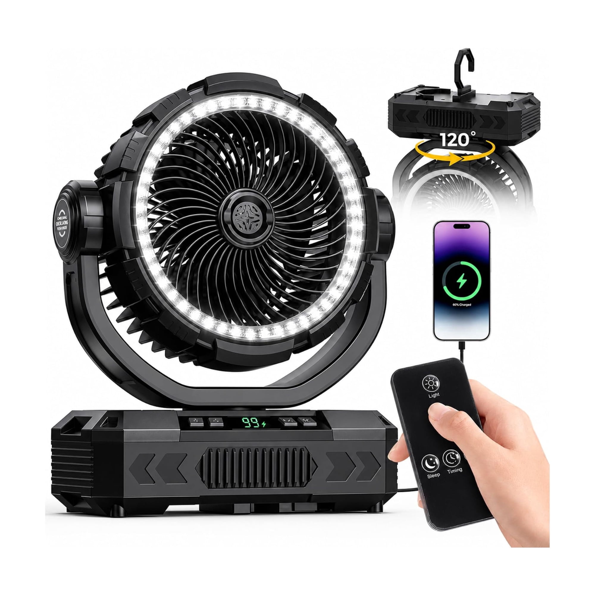 40000mAh Battery Operated Camping Fan 【80H Runtime】with LED Light & Remote, 11 Inch Portable Outdoor Fan, 180°Vertical Auto Oscillating Tent Fan, 5 Wind Speeds, Timer, for Camping, RV, Patio, Picnic