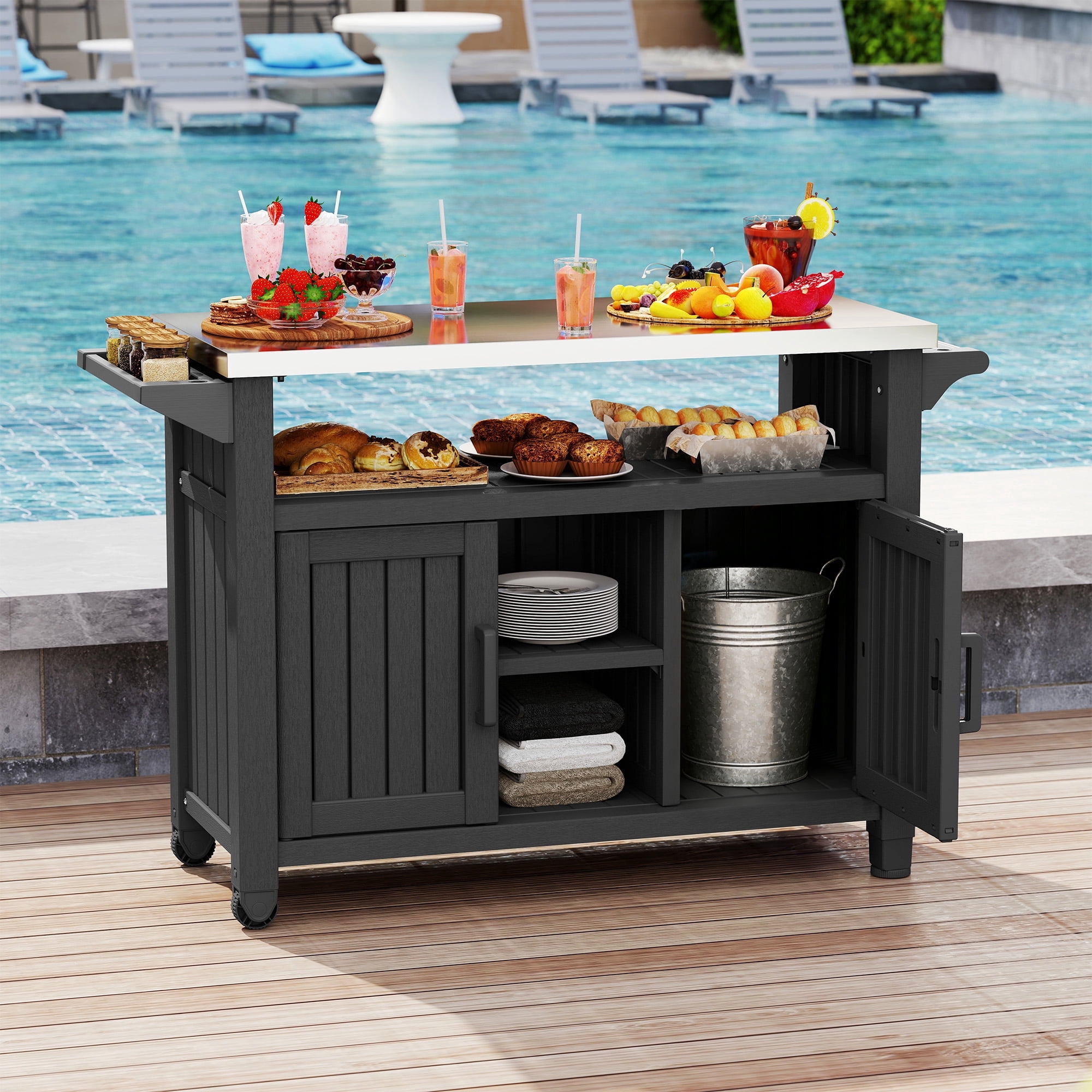 Nihsuao Resin Outdoor Grill Cart, Patio Storage Table, Outdoor Kitchen Island with Stainless Steel Top & Storage Cabinet for Kitchen Prep, Outdoor Bar Cart for Patio, Poolside and Backyard, Black