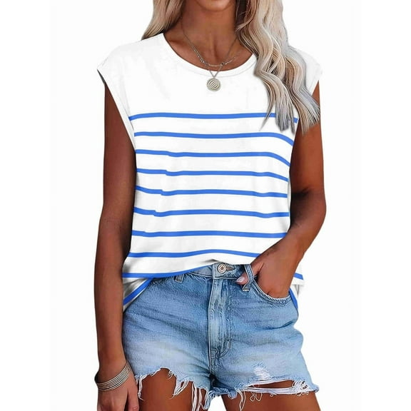 1pcs Womens Tops Dressy Casual Summer Striped Shirts Cap Sleeve Tops Color Block Loose Fit Blue and White M To prevail in kind