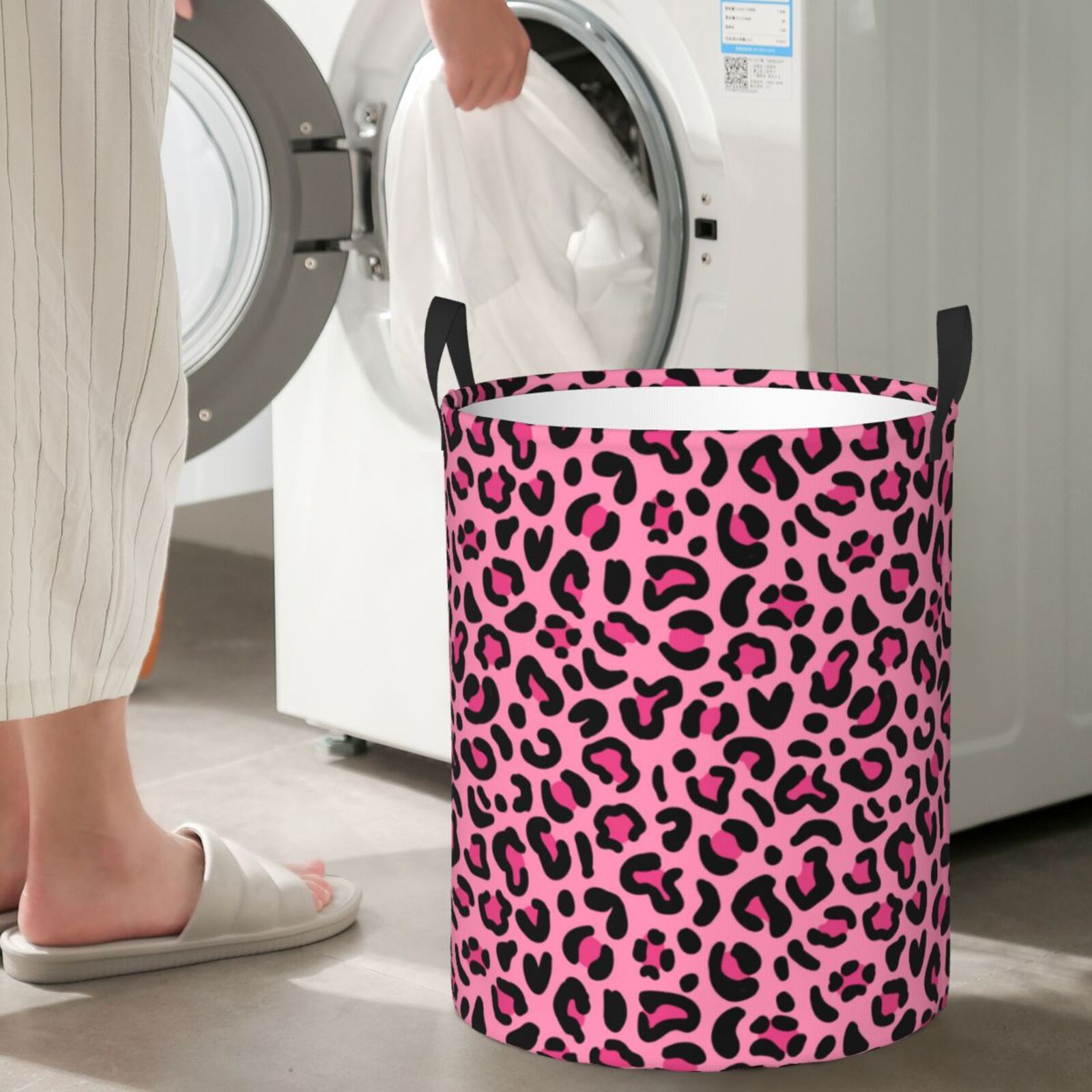 Large Laundry Basket with Handles - pink cute Leopard print Kids Baby Dirty Clothes Laundry Hamper for Bedroom Aesthetic