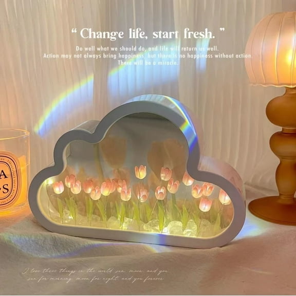 Creative DIY Tulip Cloud Mirror Lamp Flower Sea Night Light Atmosphere Bedroom Sleeping Light Handmade Crafts Birthday Gifts