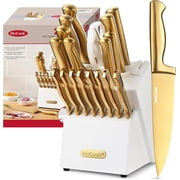 Knife Sets, Golden Titanium Stainless Steel Kitchen Knife Block Sets with Built-in Sharpener