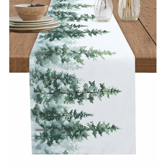 Green Ombre Forest Table Runner Cotton Linen 48 Inch Holiday Dresser Scarves, Watercolor Trees Sage Green Tablerunner for Kitchen Coffee Dining Bedroom Home Living Room Dinner Scarf Décor 13''x48''