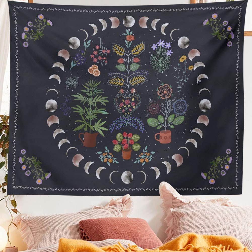 Botanical Moon Phase Tapestry Floral Plants Tapestry Wall Hanging Bohemian Wall Decor Blanket for Bedroom Home Dorm