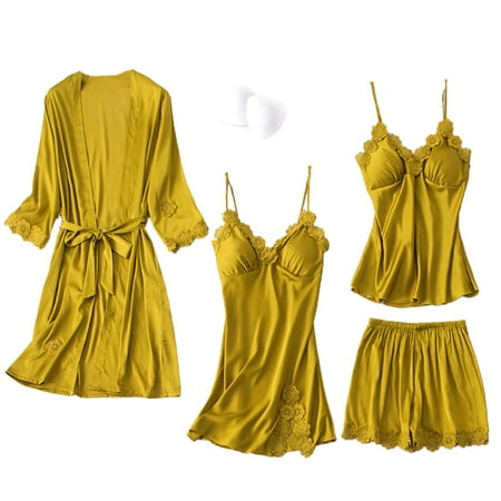 

✪ Women Silky 4Pcs Lace Pajamas Sexy Chest Pads Cami Top Shorts Nightgown Robe Set