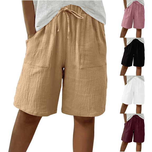Bermuda Shorts for Women Cotton Linen Knee Length High Waisted Drawstring Wide Leg Casual Summer Shorts