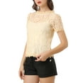 thumbnail image 6 of MODA NOVA Junior's Scalloped Trim Short Shirred Sleeves Sheer Floral Lace Blouse Beige XS, 6 of 6