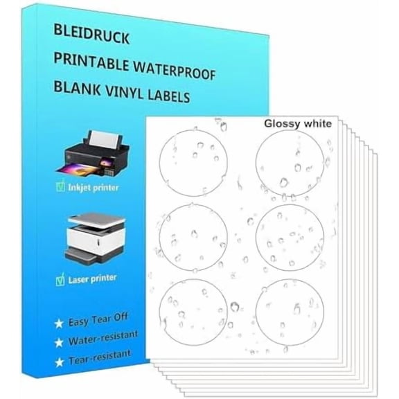Glossy White 3" Round Labels 90 pcs Circle Stickers Waterproof Vinyl Sticker Paper Dries Quickly for Inkjet Printer or Laser Printer-15 Sheets