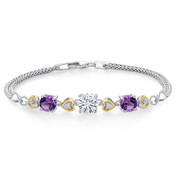 Gem Stone King 925 Sterling Silver and 10k Yellow Gold White Moissanite Purple Amethyst and White Lab Grown Diamond Bracelet for Women (3.28 Cttw, Round 7MM and 6MM, 6.5/7/7.5 inch, Made in Italy)