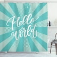 thumbnail image 1 of Hello World Shower Curtain, Pattern of Retro Sun Ray and Dotted Background Calligraphy, Fabric Bathroom Set with Hooks, 69W X 70L Inches, Cadet Blue Pale Blue and White, by Ambesonne, 1 of 3